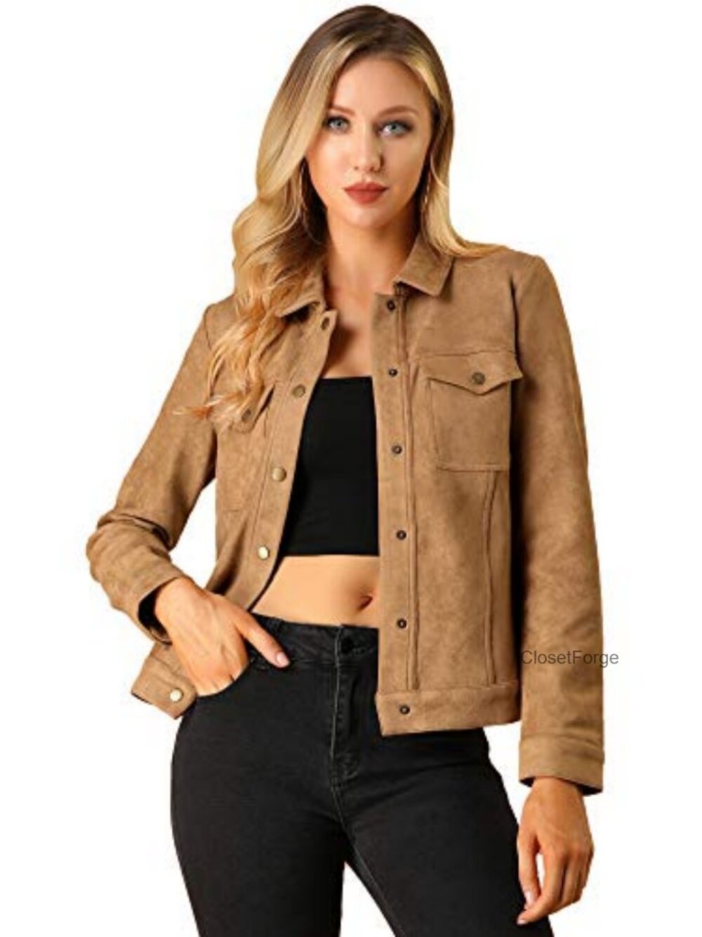 Faux Suede Shacket Snap Button Loose Fit Casual Jacket